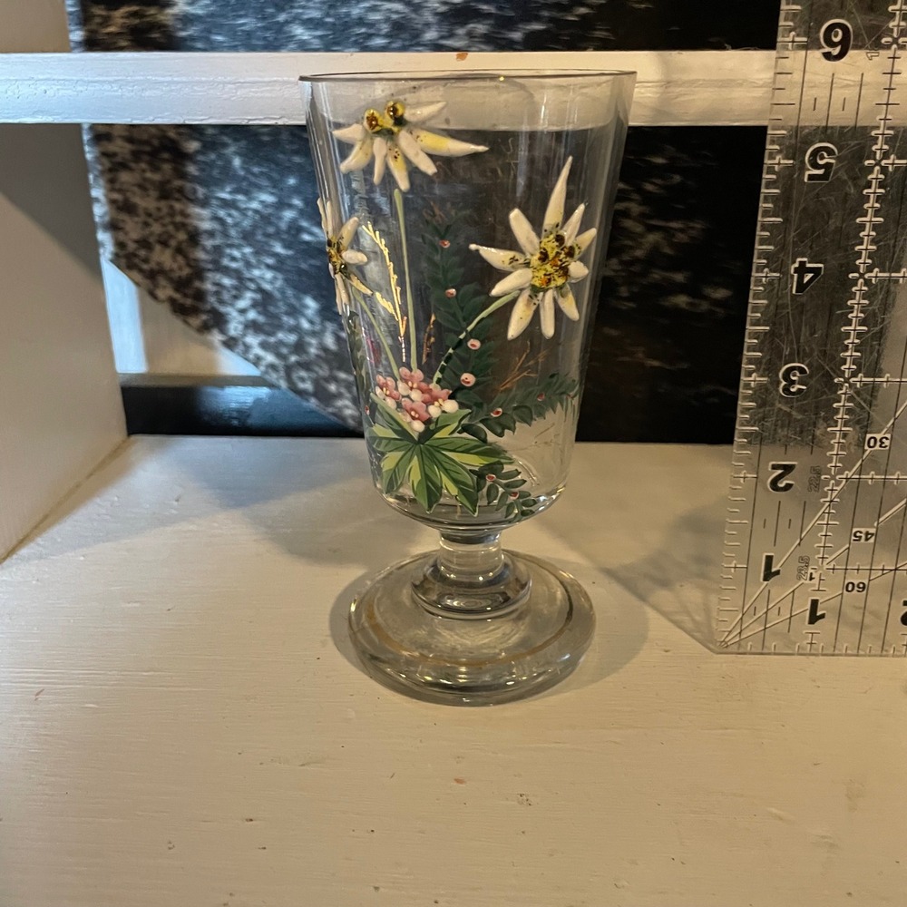 Vintage Floral Edelweiss Clear Glass Footed Vase Bud Vase Hand Painted Decor